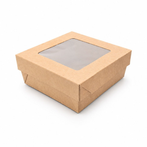 Boite "Kray" carrée carton brun avec couvercle à fenêtre  135x135mm H50mm