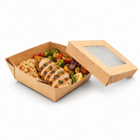 Boite "Kray" carrée carton brun avec couvercle à fenêtre  135x135mm H50mm