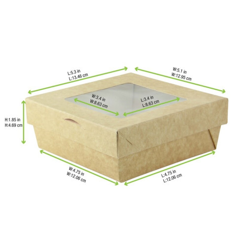 Boite "Kray" carrée carton brun avec couvercle à fenêtre  135x135mm H50mm