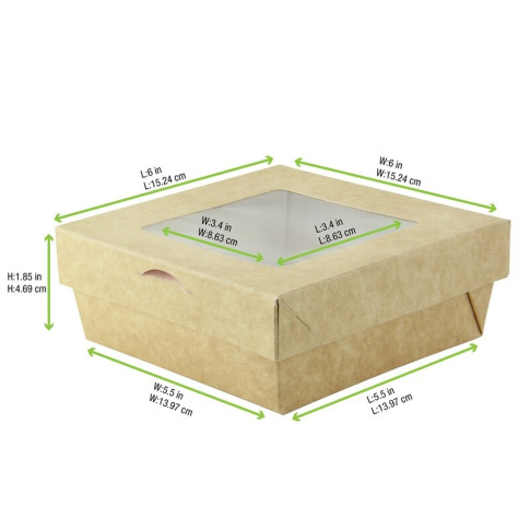 Boite "Kray" carrée carton brun avec couvercle à fenêtre  155x155mm H50mm 950ml