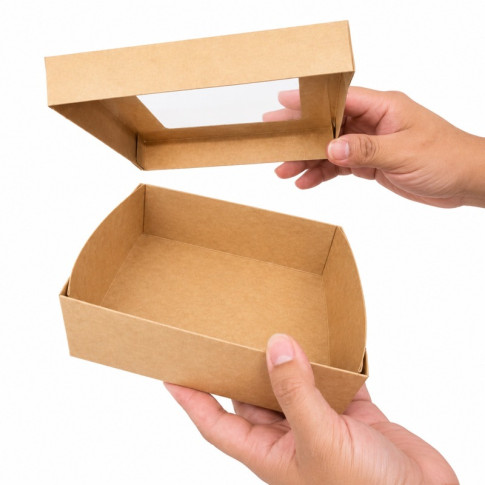 Boite "Kray" carrée carton brun avec couvercle à fenêtre  155x155mm H50mm 950ml