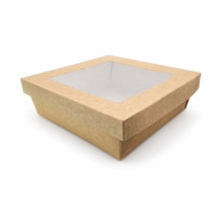 Boîte "Kray" carrée carton brun avec couvercle à fenêtre 200x200mm H65mm