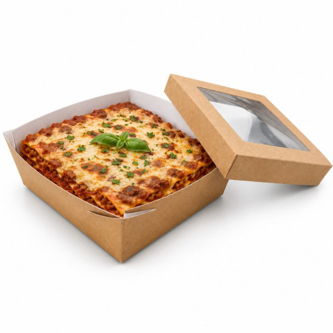 Boîte "Kray" carrée carton brun avec couvercle à fenêtre 200x200mm H65mm