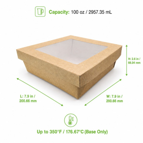 Boîte "Kray" carrée carton brun avec couvercle à fenêtre 200x200mm H65mm