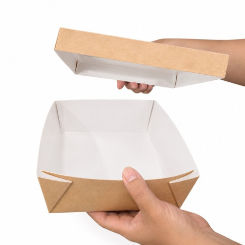 Boîte "Kray" carrée carton brun avec couvercle à fenêtre 200x200mm H65mm
