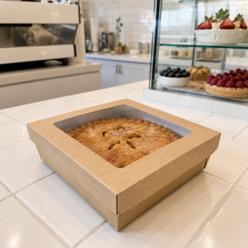 Boîte "Kray" carrée carton brun avec couvercle à fenêtre 200x200mm H65mm