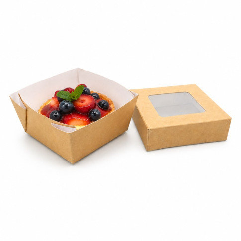 Boîte "Kray" carrée carton brun avec couvercle à fenêtre 85x85mm H40mm 200ml