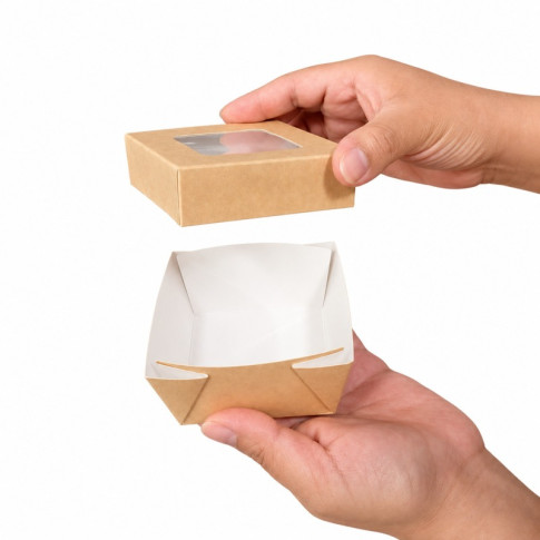 Boîte "Kray" carrée carton brun avec couvercle à fenêtre 85x85mm H40mm 200ml