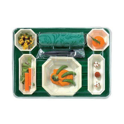 Plateau repas en plastique vert à un couvercle transparent à 7 compartiments et 5 éléments octogon 440x325mm H50mm