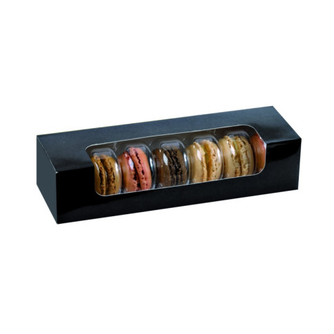 Boite carton rectangulaire noir 7 macarons avec fenêtre  215x68mm H48mm