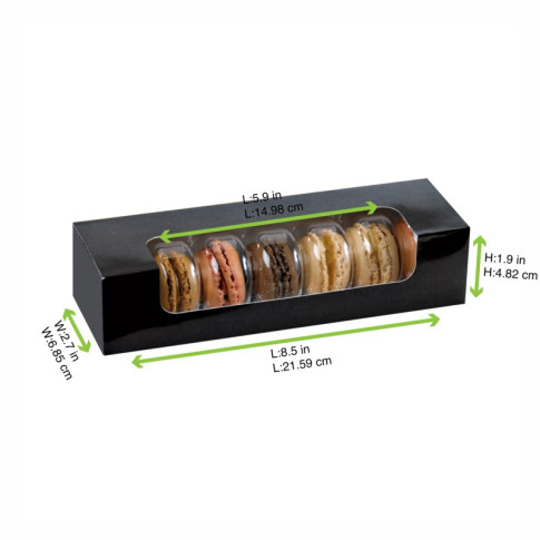 Boite carton rectangulaire noir 7 macarons avec fenêtre  215x68mm H48mm
