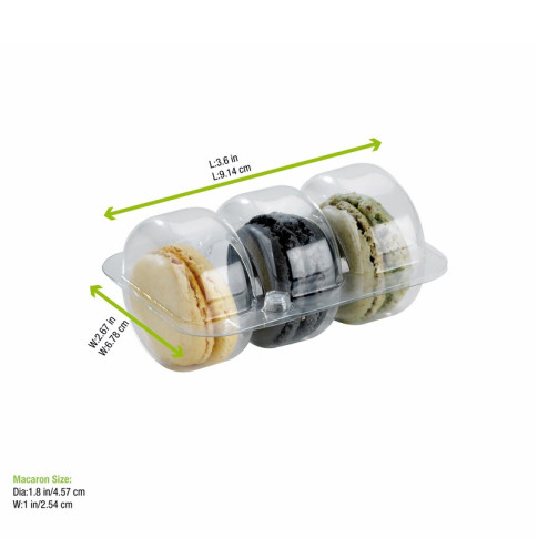 Insert plastique PET transparent 3 macarons avec fermeture clipsable  95x68mm H24mm