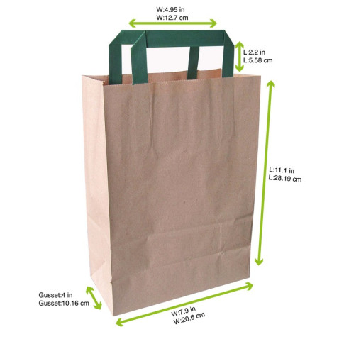 Sac cabas papier brun recyclé anses vertes  200x100mm H280mm