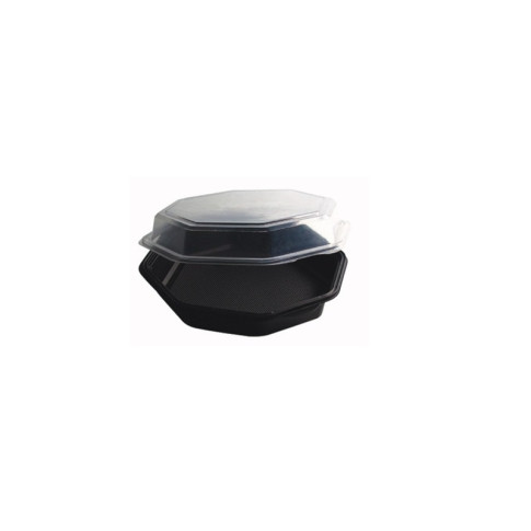 Saladier plastique octogonal noir avec couvercle charnière transparent "Octaview" 230x230mm H50mm 1000ml