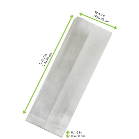 Sac sandwich blanc ingraissable en papier kraft à fenêtre cristal et 6 cm de soufflet 110x40mm H310mm