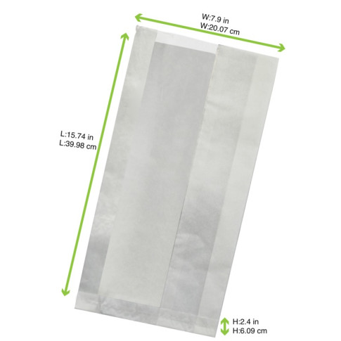 Sac sandwich blanc ingraissable en papier kraft à fenêtre cristal et 4 cm de soufflet 200x60mm H400mm