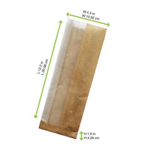 Sac sandwich brun en papier kraft à fenêtre cristal et 4 cm de soufflet - Sans plastique 110x40mm H310mm