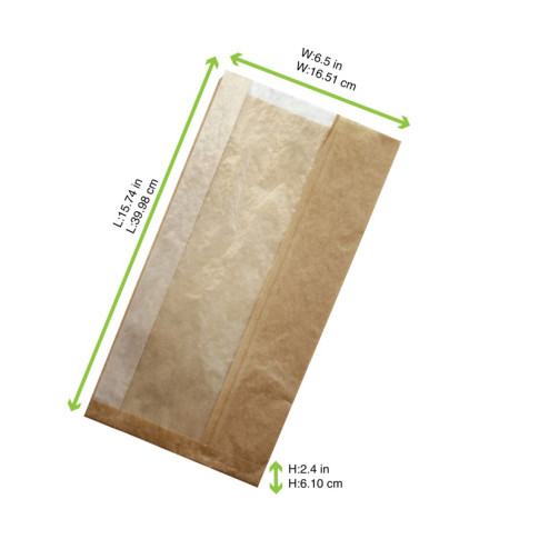 Sac sandwich en papier kraft à fenêtre cristal et 6 cm de soufflet - Sans plastique 200x60mm H400mm