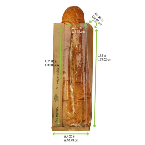 Sac sandwich papier brun à fenêtre en PLA 110x40mm H320mm