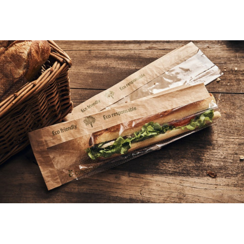 Sac sandwich papier brun à fenêtre en PLA 110x40mm H320mm