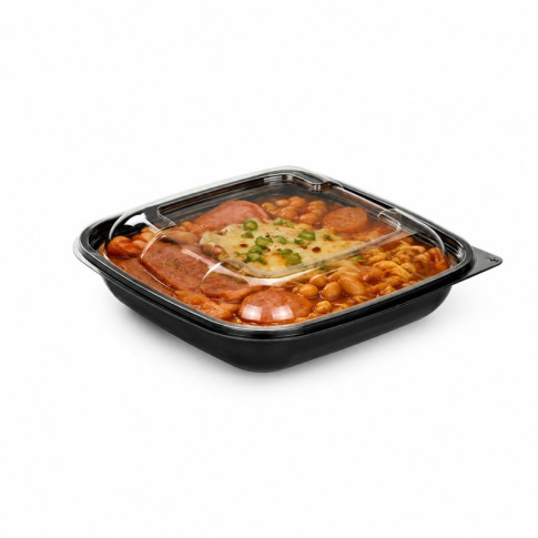 Saladier PET carré noir avec couvercle  190x190mm H65mm 750ml