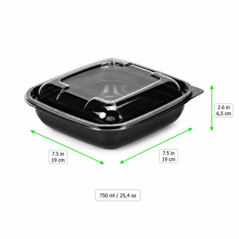 Saladier PET carré noir avec couvercle  190x190mm H65mm 750ml