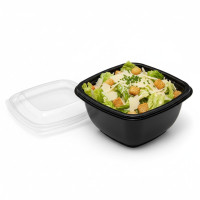 Saladier PET carré noir avec couvercle  130x130mm H60mm 480ml