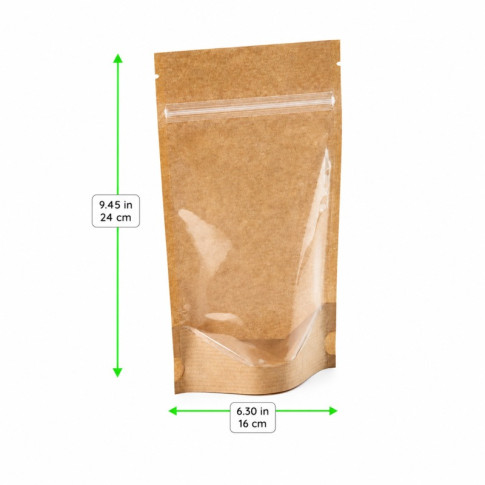 Sac poche debout kraft transparent avec zip de fermeture  160x37mm H240mm