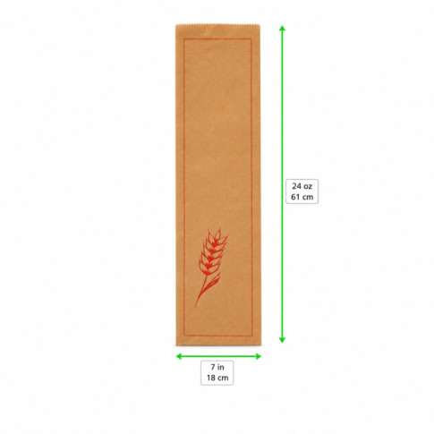 Sac à pain papier kraft brun décor rouge  180x70mm H610mm
