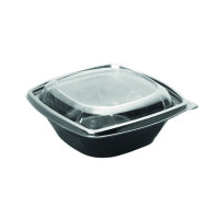 Saladier PET carré noir avec couvercle 190x190mm H55mm 1000ml