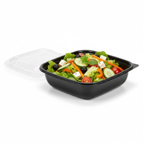 Saladier PET carré noir avec couvercle 190x190mm H55mm 1000ml