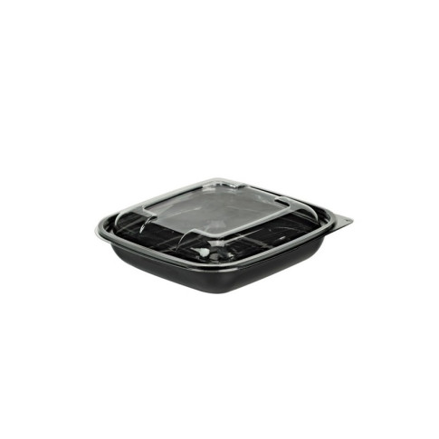 Saladier PET carré noir avec couvercle  190x190mm H45mm 750ml