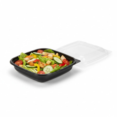 Saladier PET carré noir avec couvercle  190x190mm H45mm 750ml