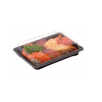 Barquette sushi plastique PS noir avec couvercle PET transparent  178x122mm