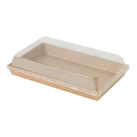 Barquette sushi en carton kraft brun avec couvercle transparent en plastique PET  225x133mm H25mm