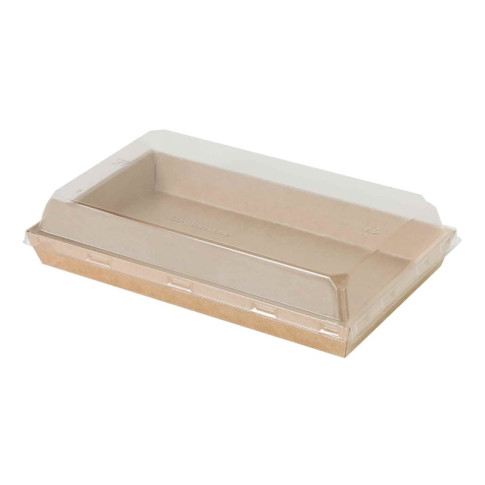 Barquette sushi en carton kraft brun avec couvercle transparent en plastique PET  225x133mm H25mm