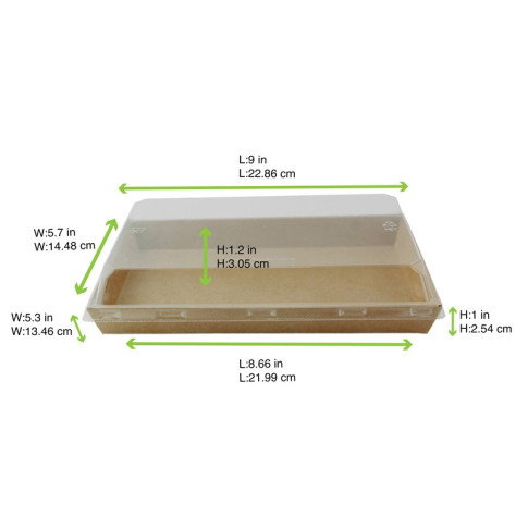 Barquette sushi en carton kraft brun avec couvercle transparent en plastique PET  225x133mm H25mm