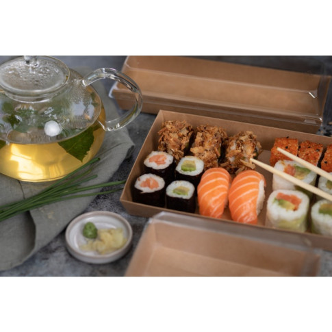 Barquette sushi en carton kraft brun avec couvercle transparent en plastique PET  225x133mm H25mm