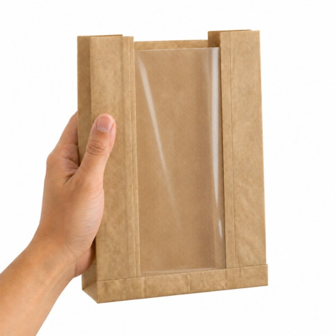 Sac papier kraft brun à fenêtre microperforée 180x40mm H220mm