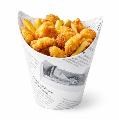 Gobelet snack refermable perforé carton blanc décor journal  H135mm 350ml