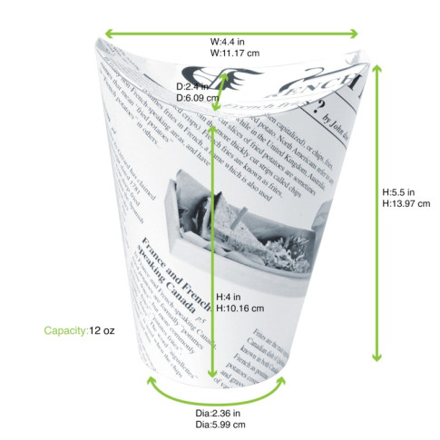 Gobelet snack refermable perforé carton blanc décor journal  H135mm 350ml