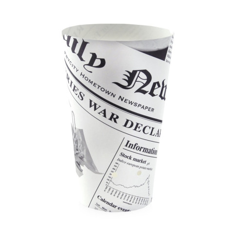 Gobelet snack refermable perforé carton blanc décor journal   H157mm 480ml