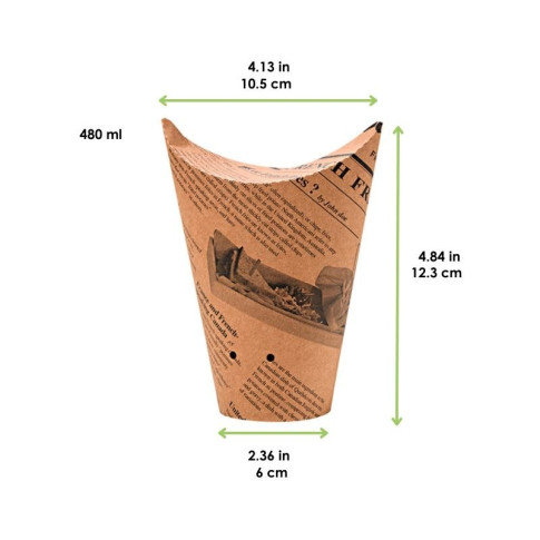 Gobelet snack refermable perforé carton brun décor journal   H123mm 480ml