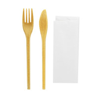 WOODARY Kit couverts réemployable bois composite: couteau fourchette serviette, emballage kraft  250