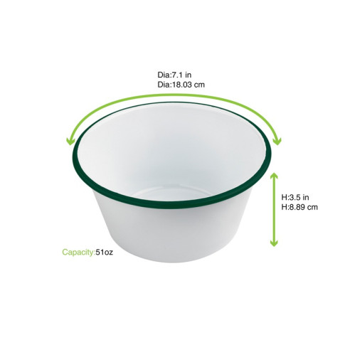 Bol Enamel blanc en acier émaillé  à bord plat et vert   H90mm 1500ml