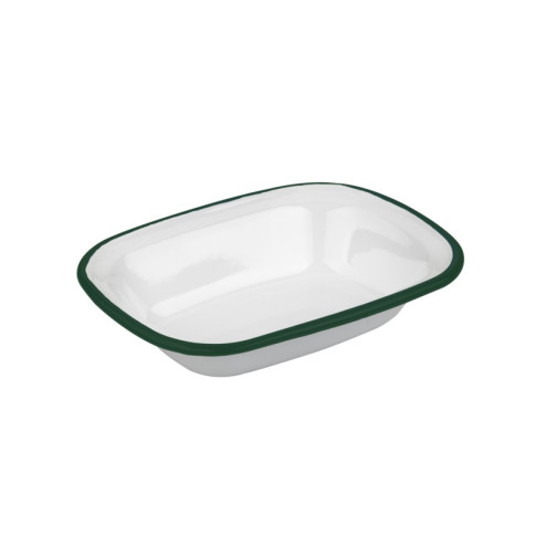 Barquette ou saladier blanc en acier émaillé à bord vert  183x137mm H40mm 350ml