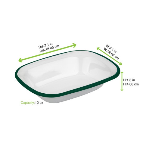 Barquette ou saladier blanc en acier émaillé à bord vert  183x137mm H40mm 350ml