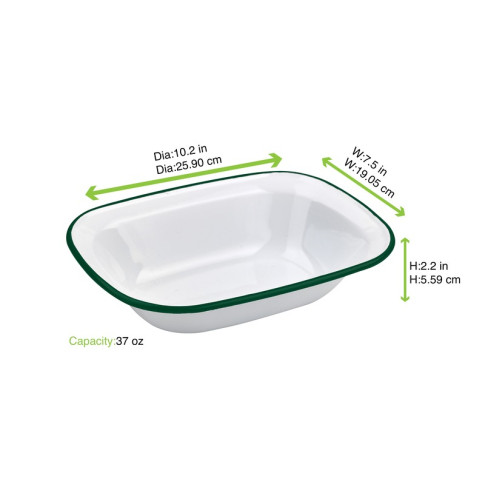 Barquette ou saladier blanc en acier émaillé à bord vert  264x197mm H59mm 1100ml