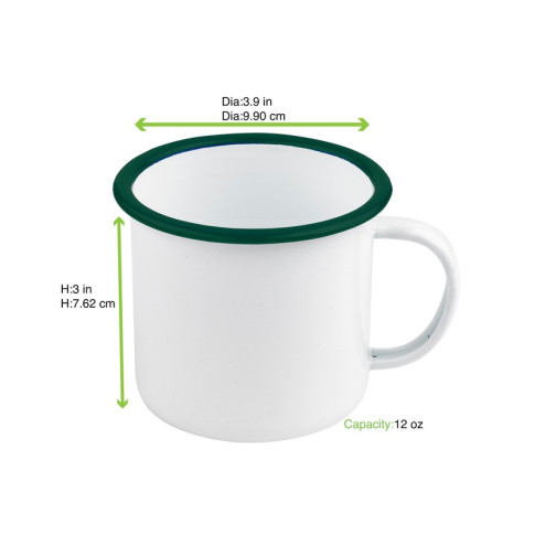 Mug Enamel blanc en acier émaillé à bord vert   H75mm 350ml