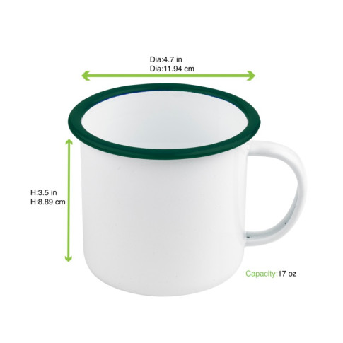 Mug Enamel blanc en acier émaillé à bord vert   H90mm 500ml